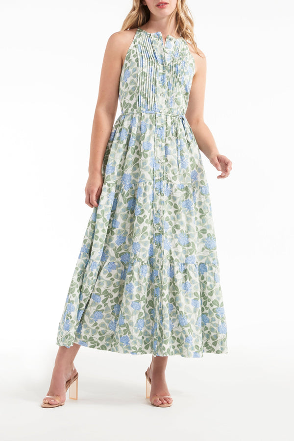 Hilde High Neck Halter Button Front Maxi Dress in Blue Floral