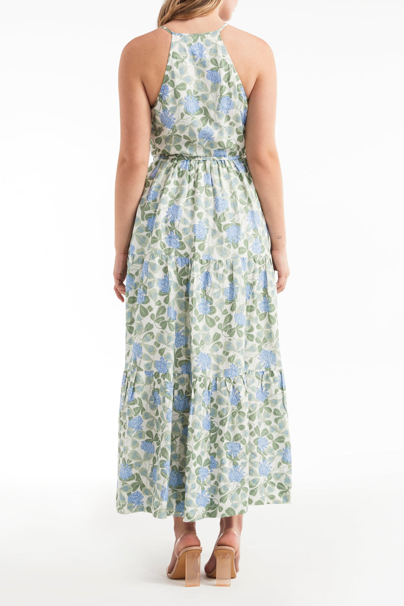 Hilde High Neck Halter Button Front Maxi Dress in Blue Floral