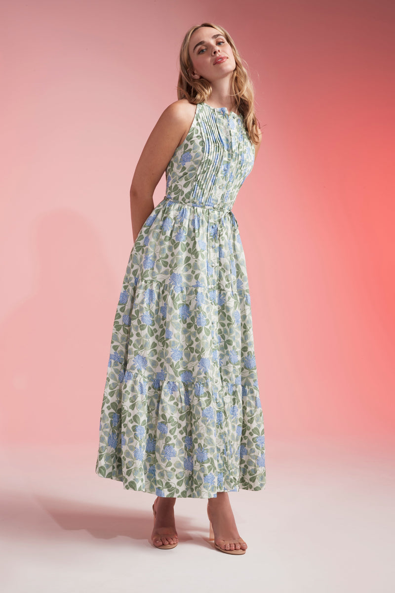 Hilde High Neck Halter Button Front Maxi Dress in Blue Floral
