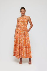 Hilde High Neck Halter Button Front Maxi Dress in Sicilian Orange Blossom - FINAL SALE
