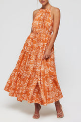 Hilde High Neck Halter Button Front Maxi Dress in Sicilian Orange Blossom - FINAL SALE