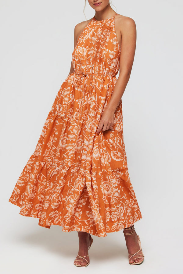 Hilde High Neck Halter Button Front Maxi Dress in Sicilian Orange Blossom - FINAL SALE