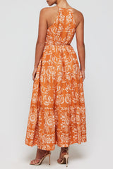 Hilde High Neck Halter Button Front Maxi Dress in Sicilian Orange Blossom - FINAL SALE