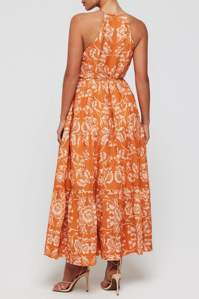 Hilde High Neck Halter Button Front Maxi Dress in Sicilian Orange Blossom - FINAL SALE