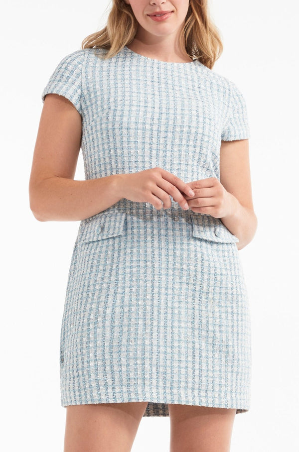 Paola Short Sleeve Shift Mini Dress in Tweed Blue FINAL SALE