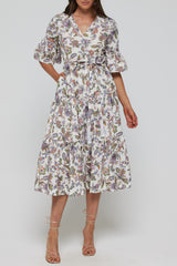 Tiff Belted Tie Waist V Neck Midi Dress in Ethnic Floral FINAL SALE