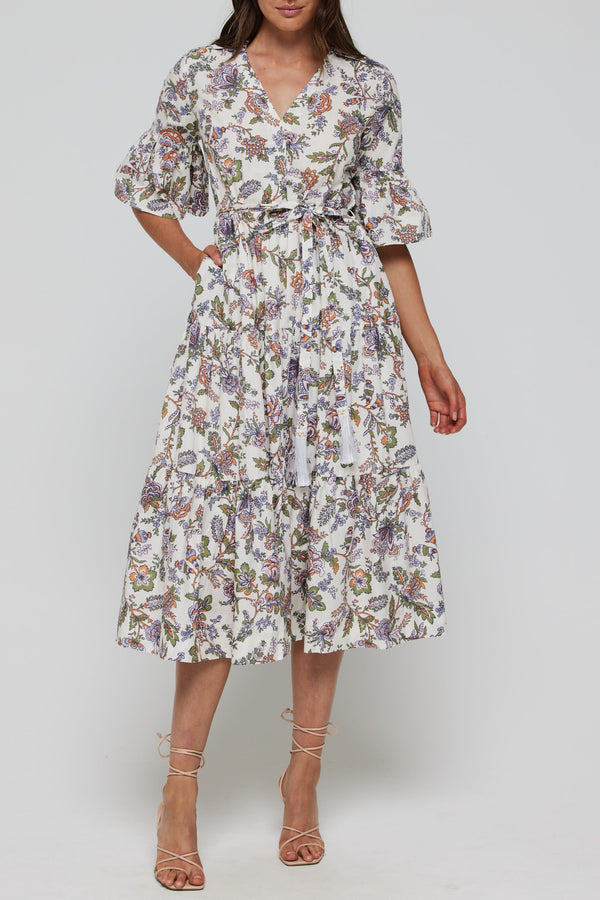 Tiff Belted Tie Waist V Neck Midi Dress in Ethnic Floral FINAL SALE