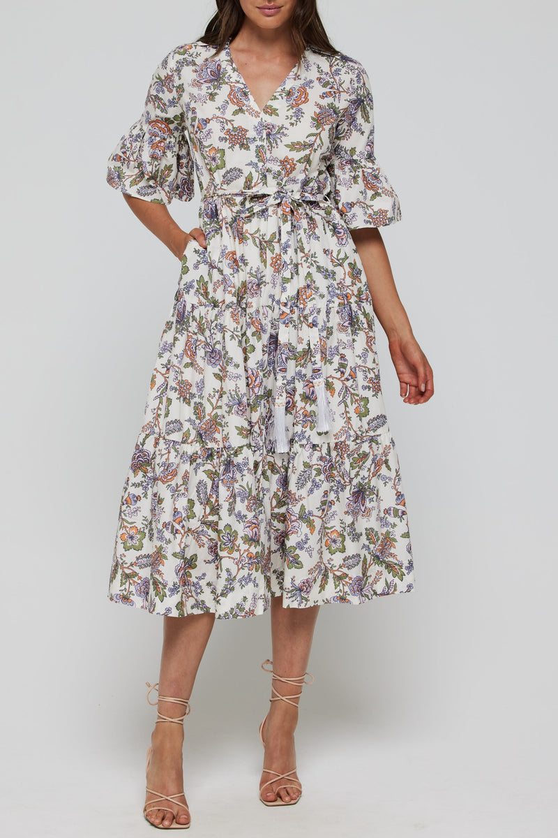 Tiff Belted Tie Waist V Neck Midi Dress in Ethnic Floral FINAL SALE