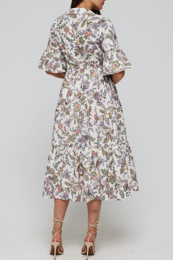 Tiff Belted Tie Waist V Neck Midi Dress in Ethnic Floral FINAL SALE