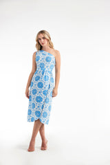 Charlotte One-Shoulder Midi Dress in Medallion Blue FINAL SALE