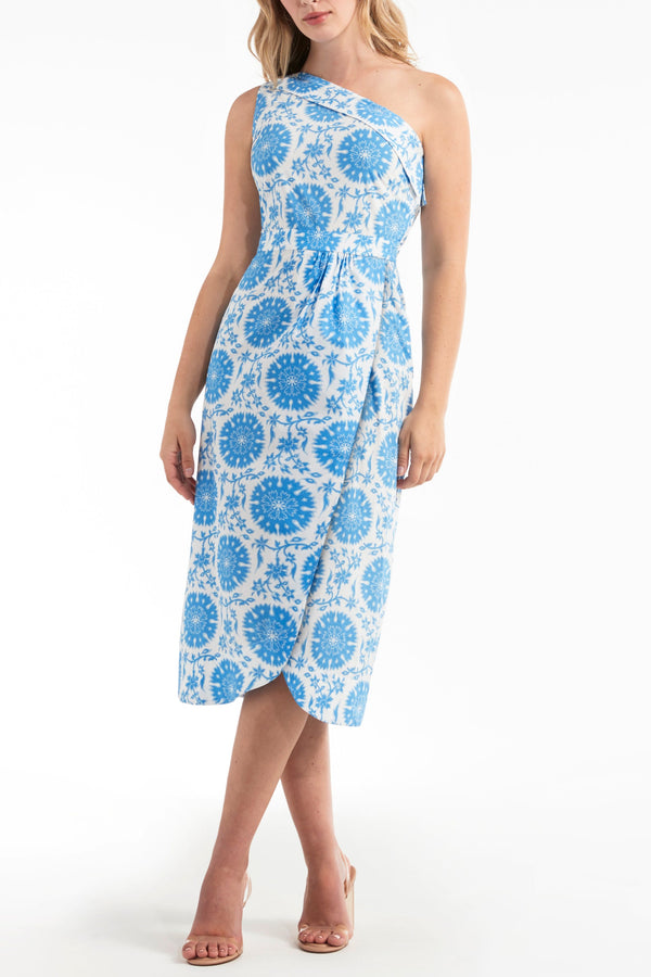 Charlotte One-Shoulder Midi Dress in Medallion Blue FINAL SALE
