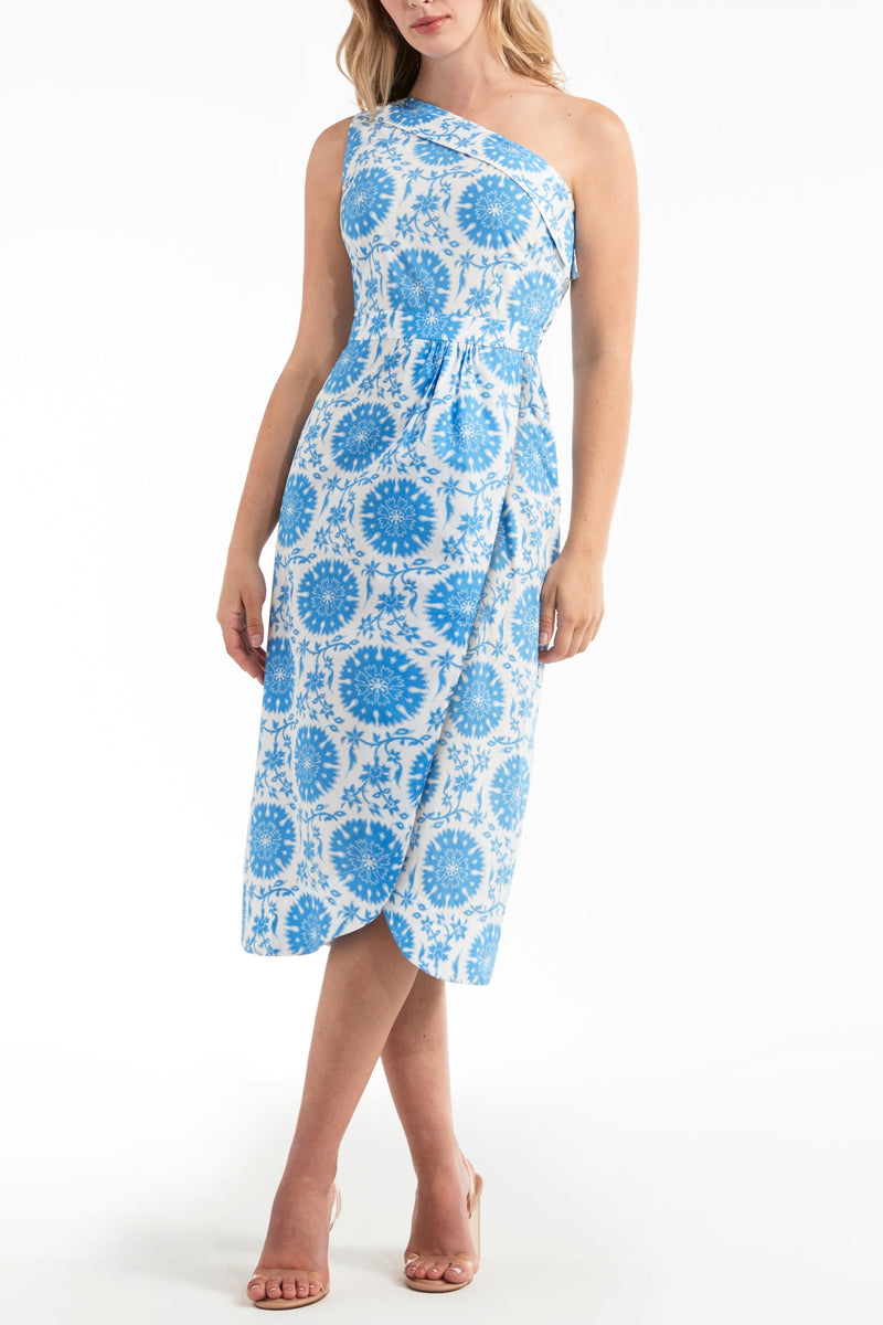 Charlotte One-Shoulder Midi Dress in Medallion Blue FINAL SALE