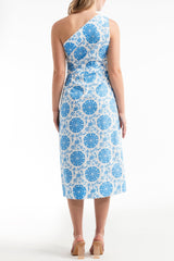 Charlotte One-Shoulder Midi Dress in Medallion Blue FINAL SALE