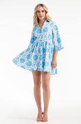 Katie Collared Mini Shirt Dress in Medallion Blue- FINAL SALE
