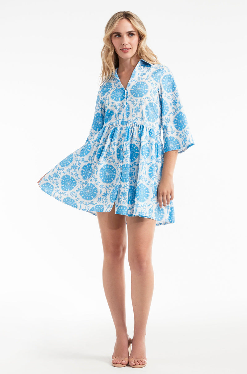 Katie Collared Mini Shirt Dress in Medallion Blue- FINAL SALE