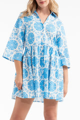 Katie Collared Mini Shirt Dress in Medallion Blue- FINAL SALE