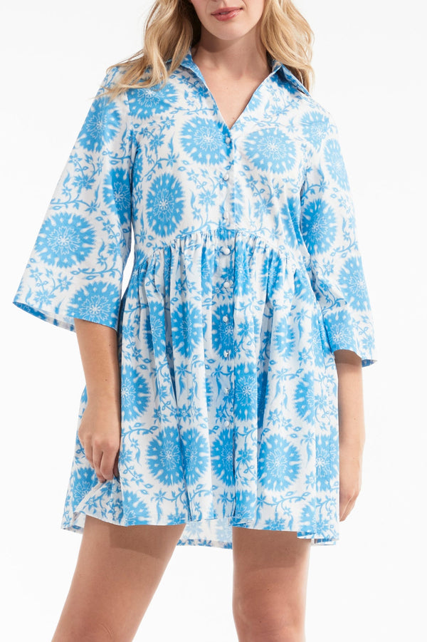Katie Collared Mini Shirt Dress in Medallion Blue- FINAL SALE