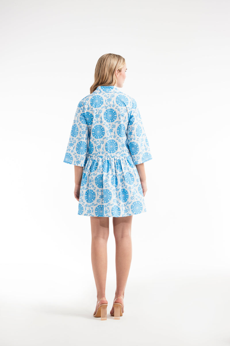 Katie Collared Mini Shirt Dress in Medallion Blue- FINAL SALE