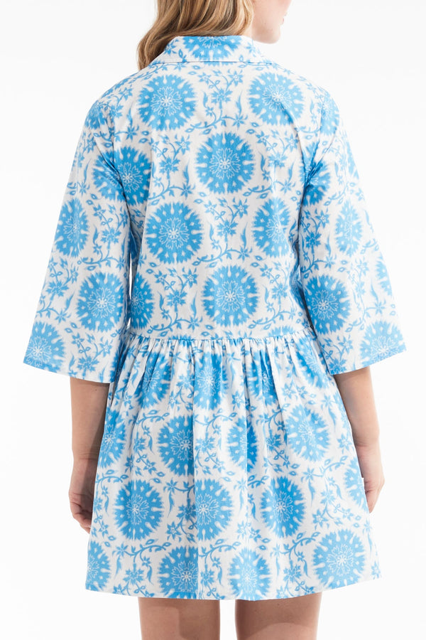 Katie Collared Mini Shirt Dress in Medallion Blue- FINAL SALE
