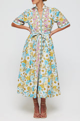 Alessia Dress Belted Tie Midi Dress in Budding Blues