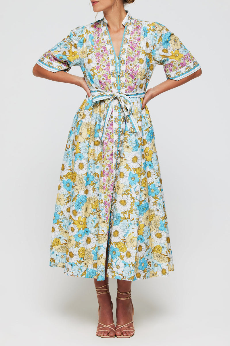 Alessia Dress Belted Tie Midi Dress in Budding Blues