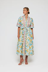 Alessia Dress Belted Tie Midi Dress in Budding Blues