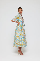 Alessia Dress Belted Tie Midi Dress in Budding Blues