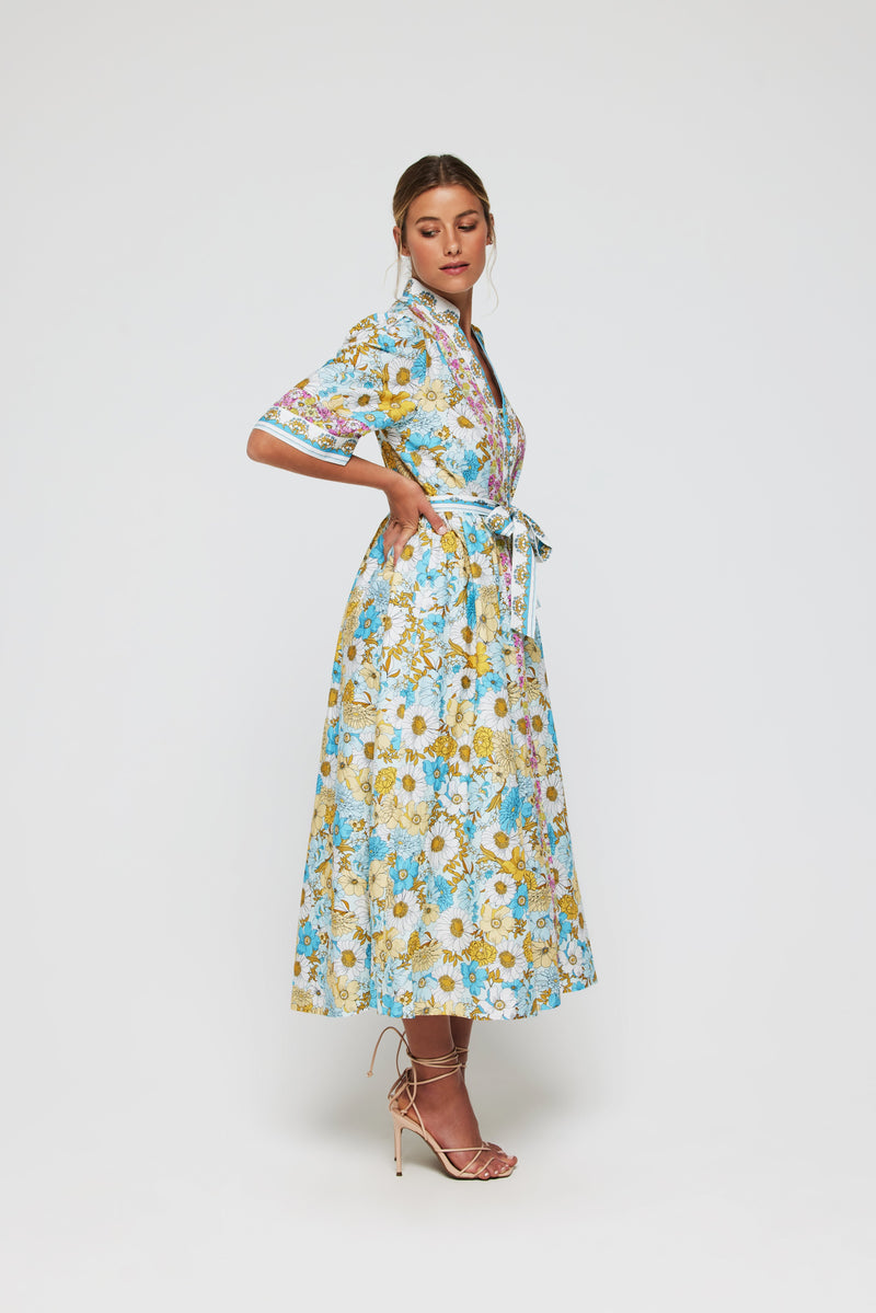 Alessia Dress Belted Tie Midi Dress in Budding Blues