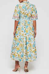 Alessia Dress Belted Tie Midi Dress in Budding Blues