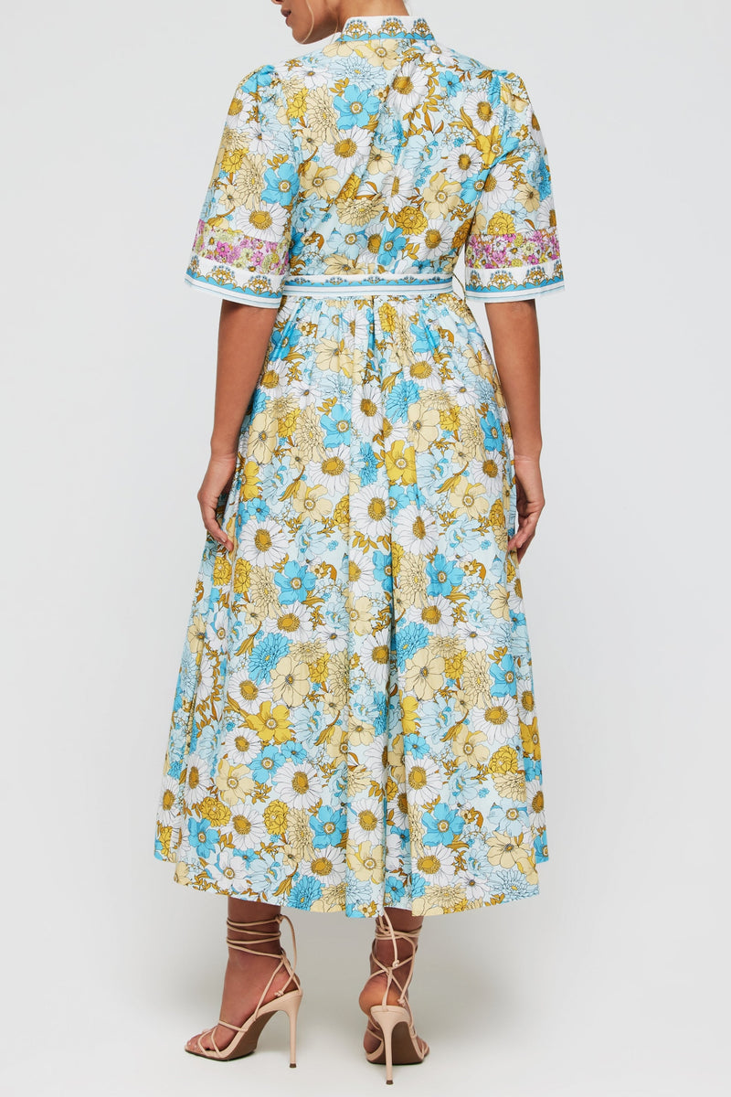 Alessia Dress Belted Tie Midi Dress in Budding Blues