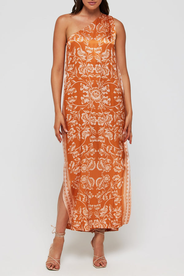 Giulia One Shoulder Silk Midi Dress in Sicilian Orange Blossom - FINAL SALE