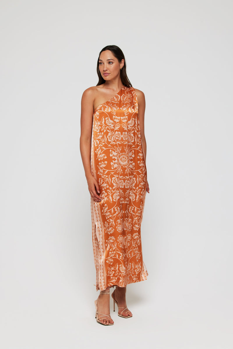 Giulia One Shoulder Silk Midi Dress in Sicilian Orange Blossom - FINAL SALE