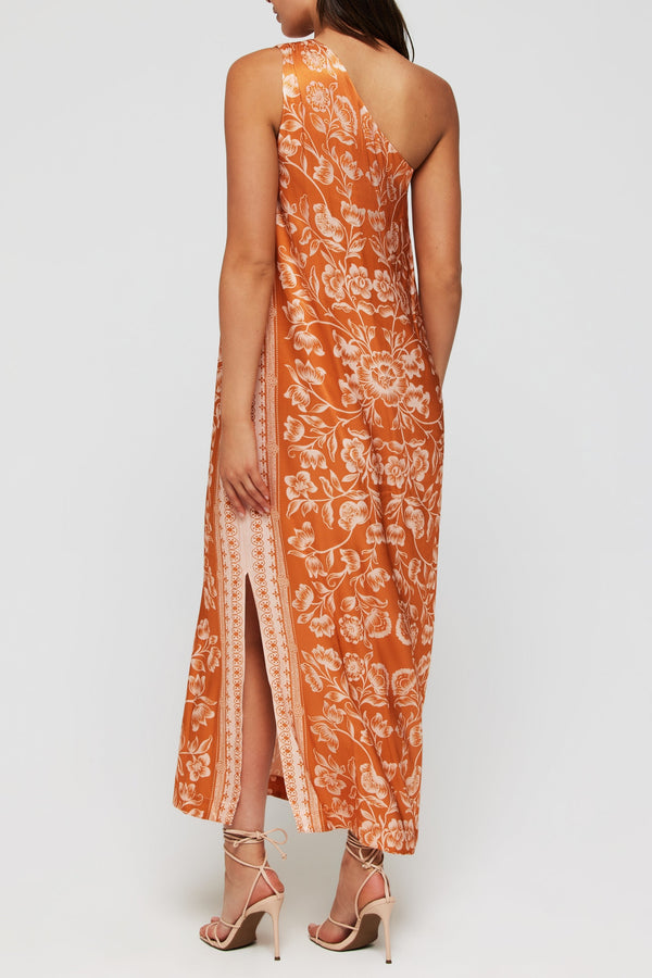 Giulia One Shoulder Silk Midi Dress in Sicilian Orange Blossom - FINAL SALE