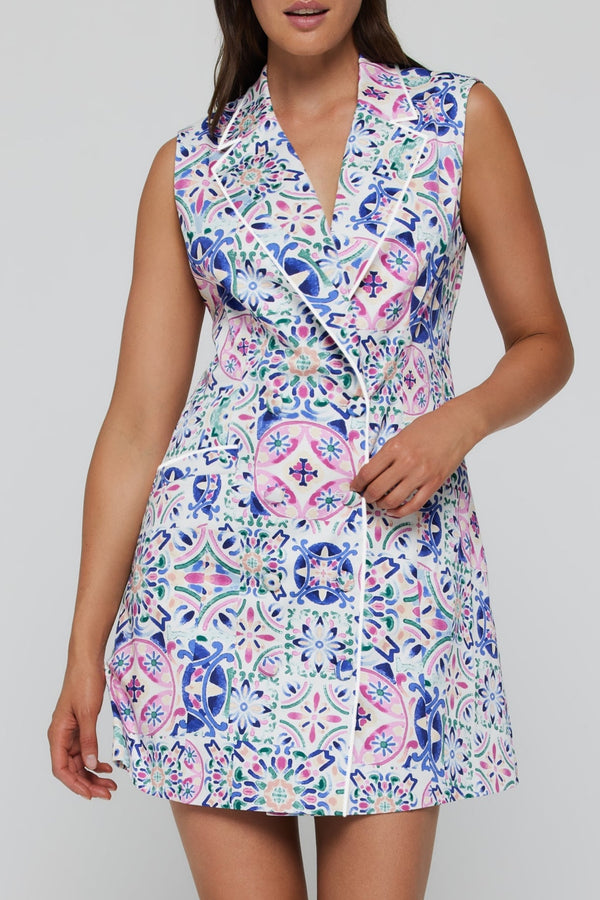 Martina Tuxedo Mini Dress in Purple Tile with White Binding - FINAL SALE