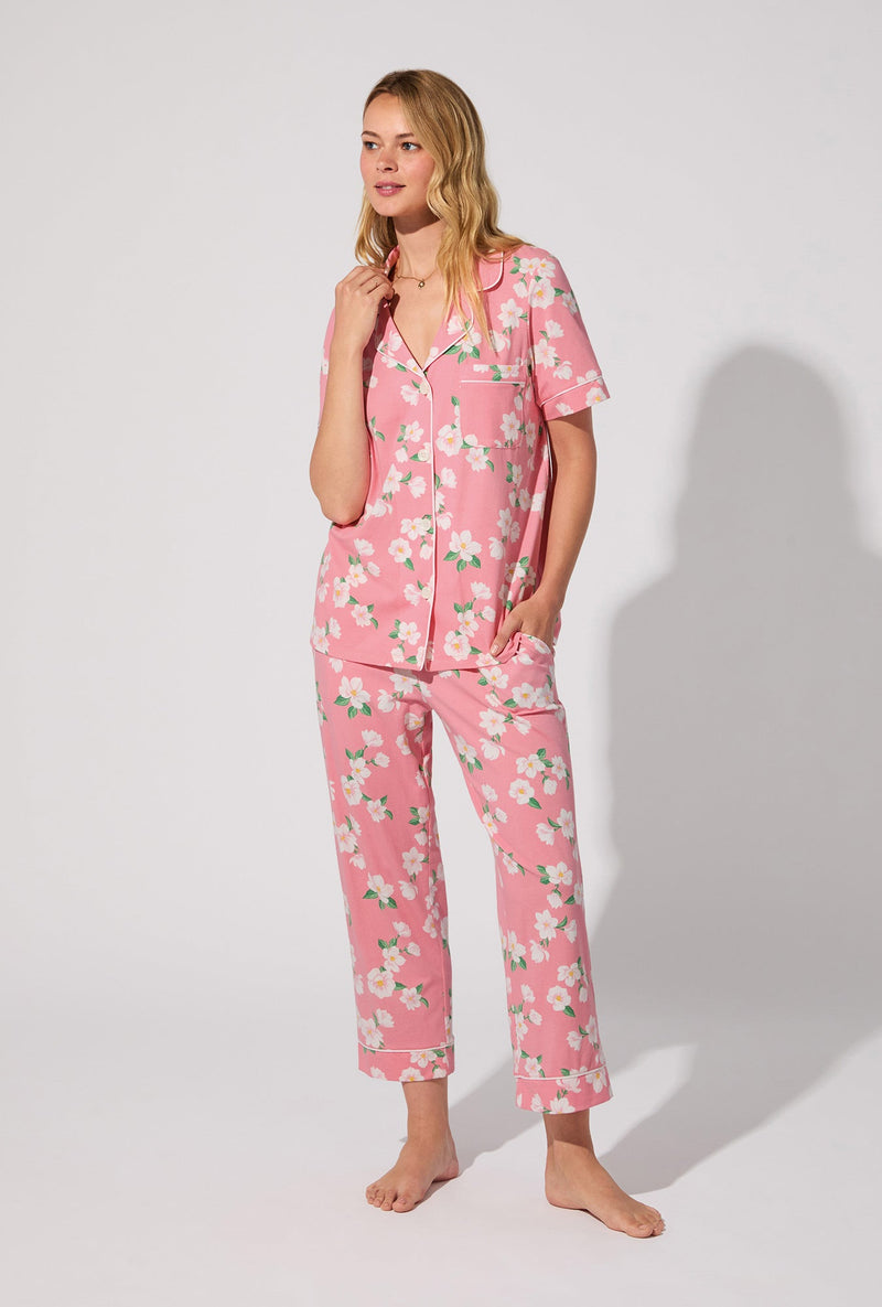 Pink Magnolias Short Sleeve Classic Stretch Jersey Cropped PJ Set