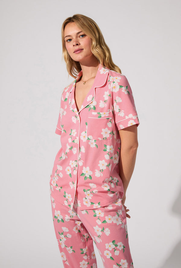 Pink Magnolias Short Sleeve Classic Stretch Jersey Cropped PJ Set