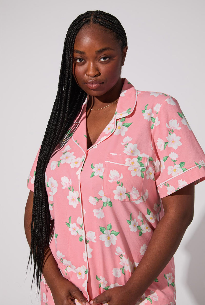 Pink Magnolias Short Sleeve Classic Stretch Jersey Cropped PJ Set
