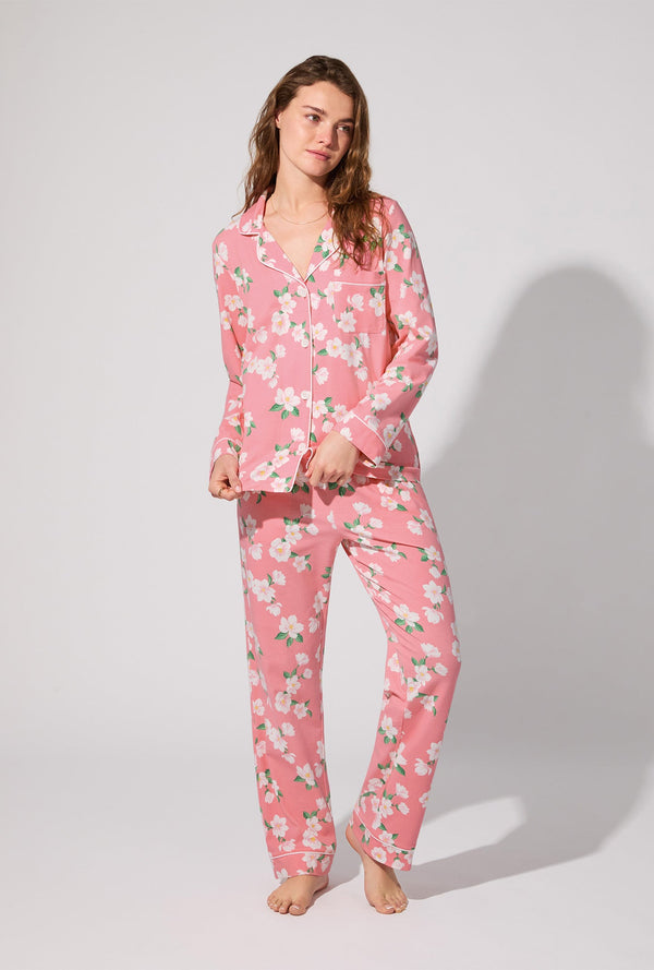 Pink Magnolias Long Sleeve Classic Stretch Jersey PJ Set
