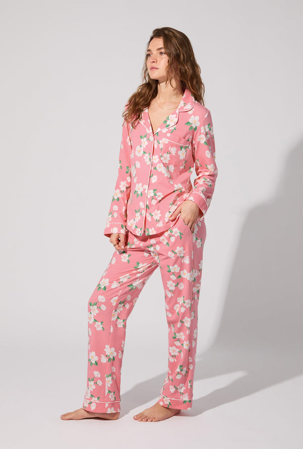 Pink Magnolias Long Sleeve Classic Stretch Jersey PJ Set