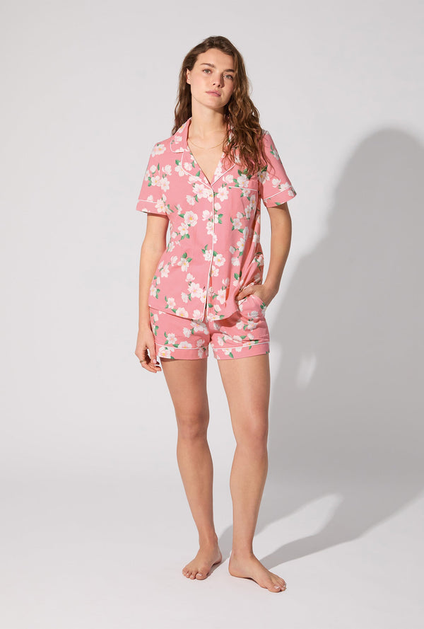 Pink Magnolias Short Sleeve Classic Shorty Stretch Jersey PJ Set