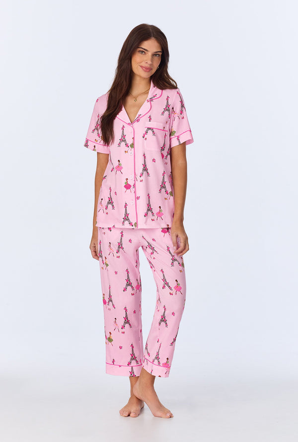 Tres Chic Short Sleeve Classic Stretch Jersey Cropped PJ Set