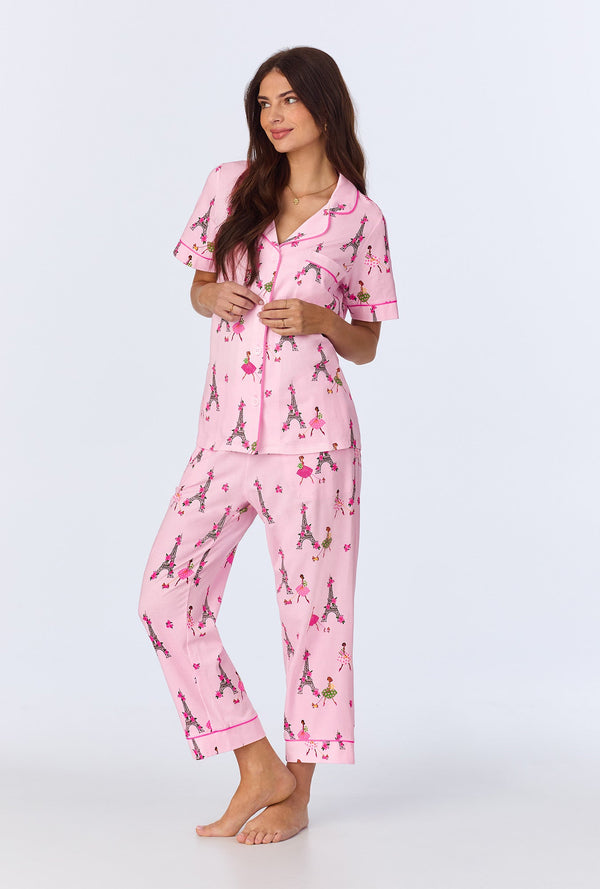 Tres Chic Short Sleeve Classic Stretch Jersey Cropped PJ Set