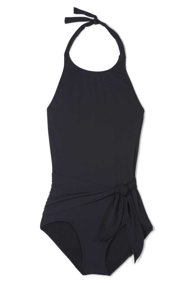 Genevieve High Halter Neck Sash Tie One-Piece Swimsuit