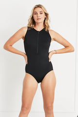 Katherine Zipper High-Necked One-piece Swimsuit in Black