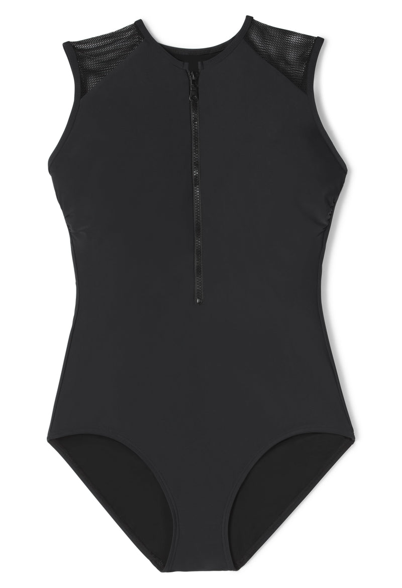 Katherine Zipper High-Necked One-piece Swimsuit in Black