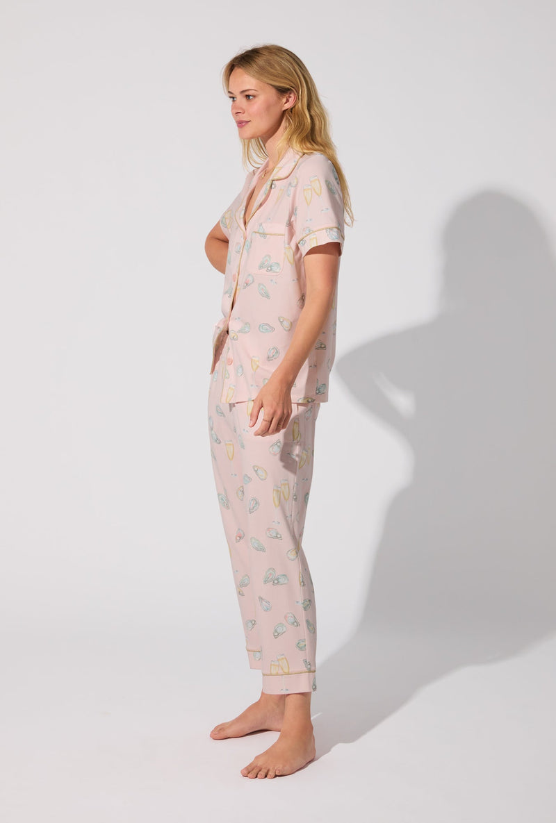 Oyster and Champagne Short Sleeve Classic Stretch Jersey Cropped PJ Set