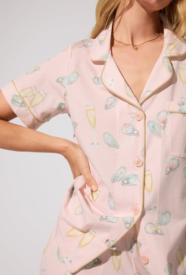 Oyster and Champagne Short Sleeve Classic Stretch Jersey Cropped PJ Set