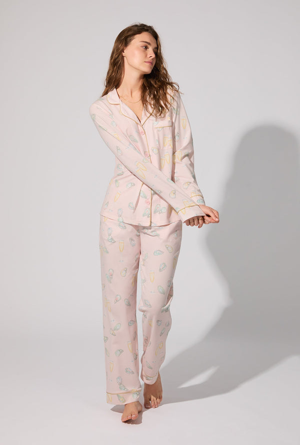 Oyster and Champagne Long Sleeve Classic Stretch Jersey PJ Set