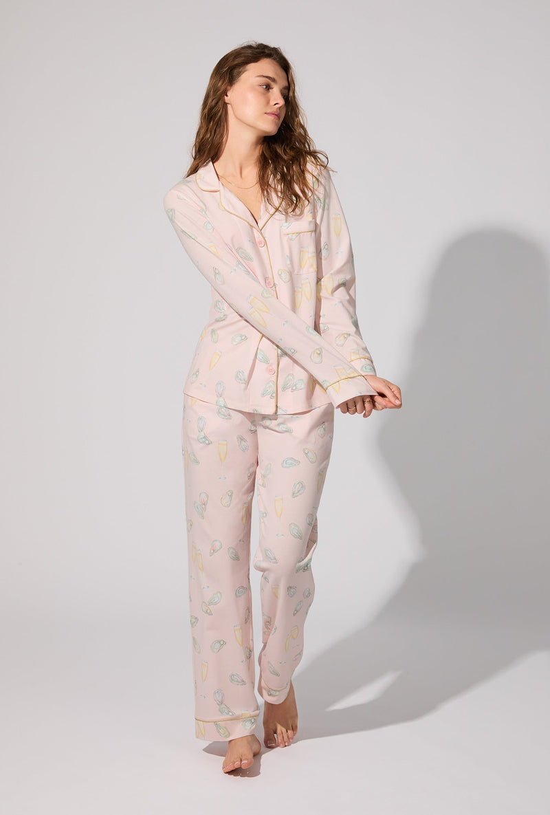 Oyster and Champagne Long Sleeve Classic Stretch Jersey PJ Set