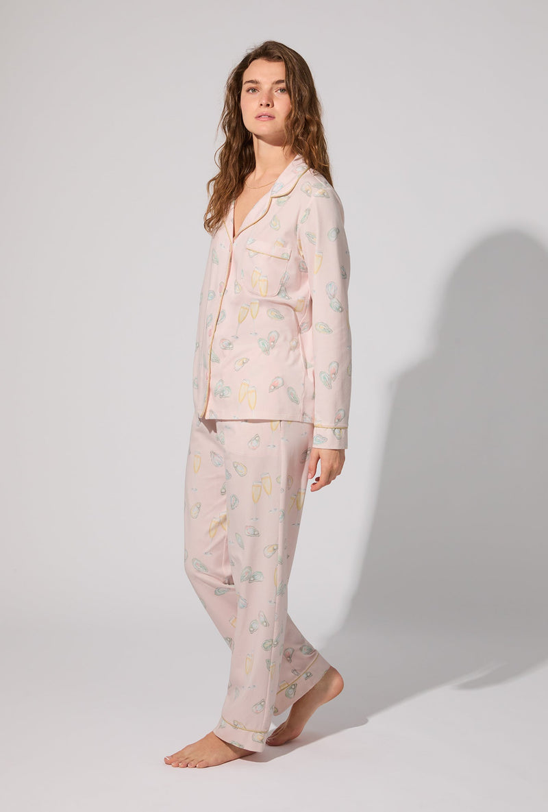 Oyster and Champagne Long Sleeve Classic Stretch Jersey PJ Set